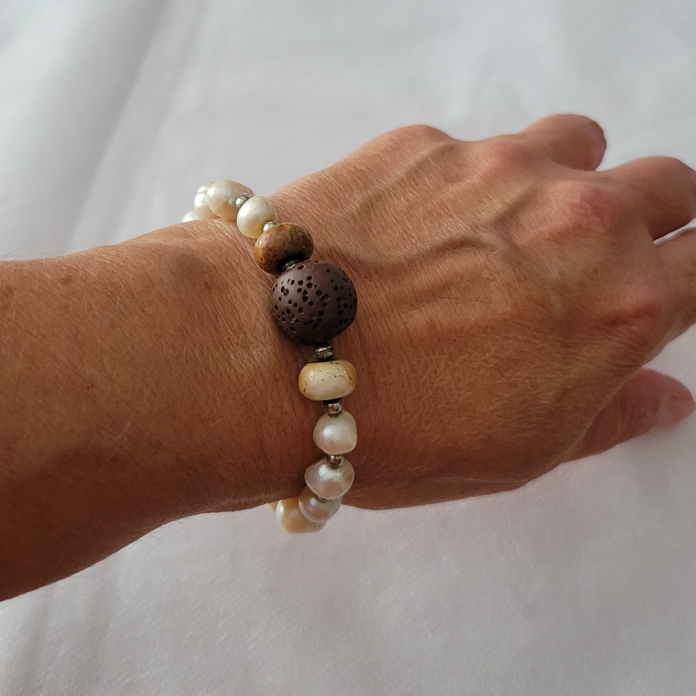 Lava Stone & Pearl Bracelet (For Use With Essential Oils)